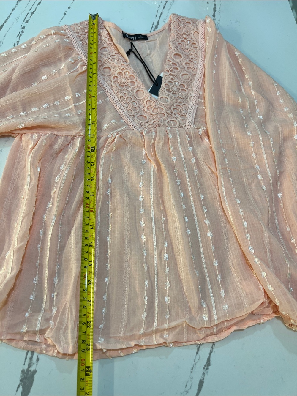 Very J V- neck Blouse Peach Lace-Trim Sheer Peasant Tunic size S - Picture 6 of 14